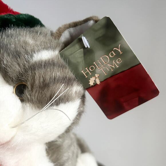Christmas Holiday Gray Tabby Cat in Santa Hat w/ Gift Stuffed Animal w/ Tags - Picture 4 of 7